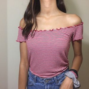 Brandy Melville Red Striped Off The Shoulder Top